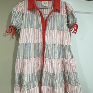 Striped Button-Up Dress with Orange  Accents